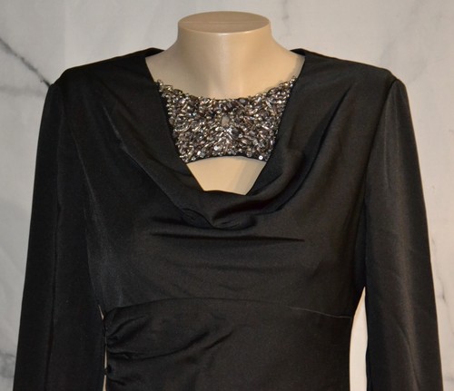 DAVID MEISTER Black Cocktail Dress 6 Jeweled Neckline Draped Bust Long Sleeves - Picture 2 of 8