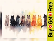 Cluster of Cats Watercolor Painting Print - Feline Gathering  5"x7"