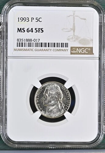 1993-P Jefferson nickel graded by NGC MS64 5FS