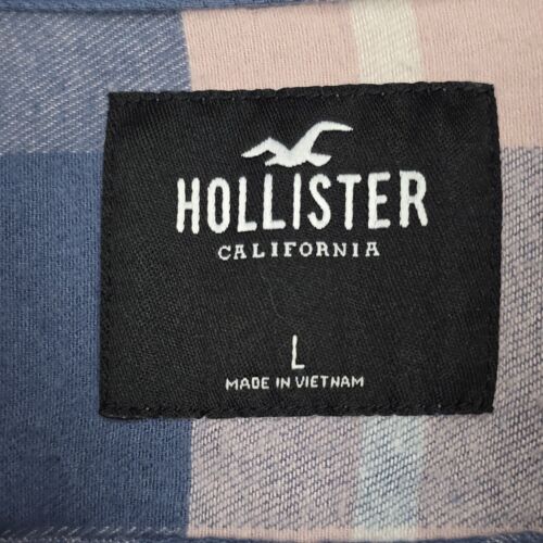 Hollister Hemd Herren Large Flanell Langarm Rosa Blau 100% Baumwolle mit Tasche - Bild 4 von 18