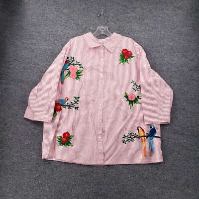 Bechamel Button Up Shirt Women 3XL Pink Stripe Embroidered Birds Floral Collared