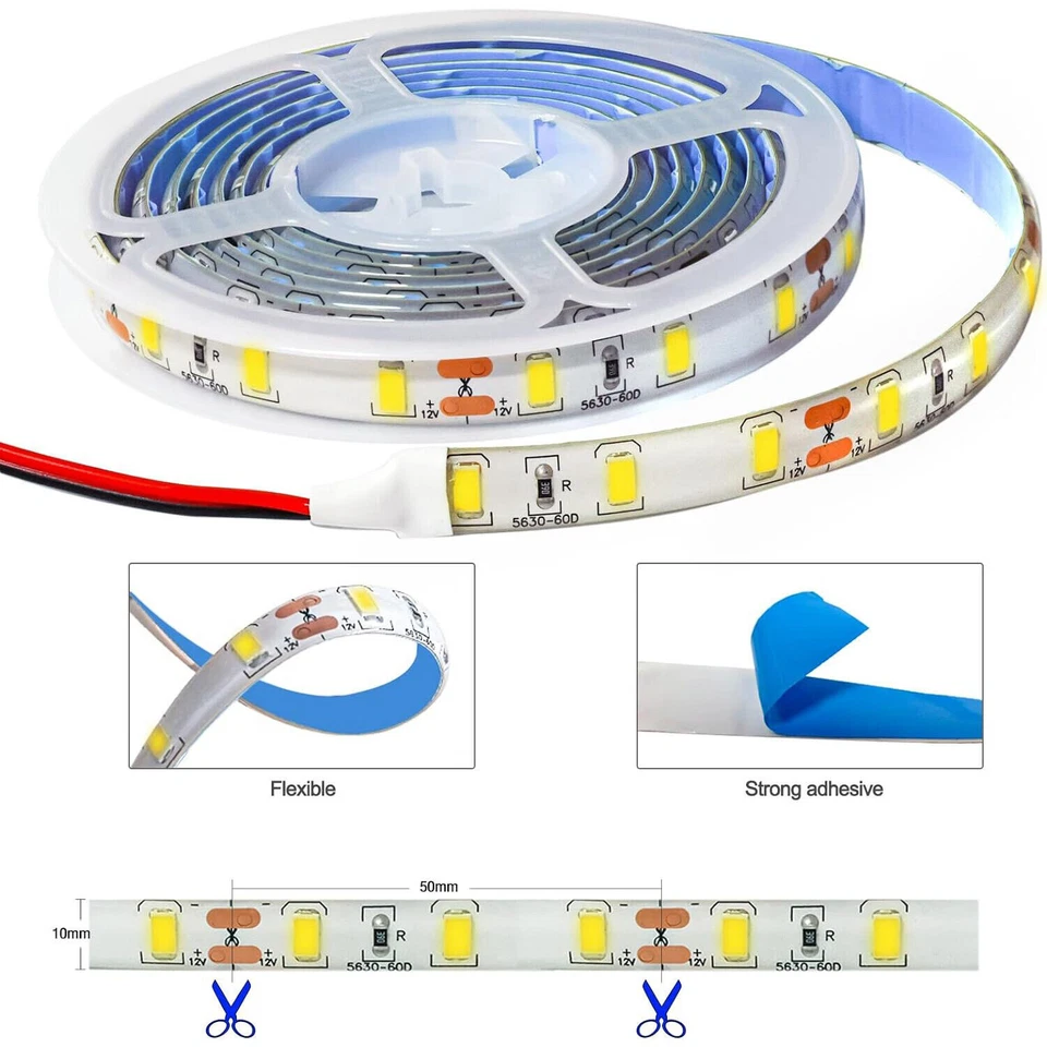 16FT 12V 300 LEDs 5630 Super Bright LED Strip Lights Flexible Cuttable Tape Lamp - Image 4 of 4
