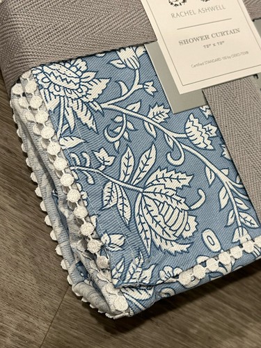 Rachel Ashwell Tillie Jacobean With Lace Fabric Shower Curtain Blue Floral New - Picture 4 of 7