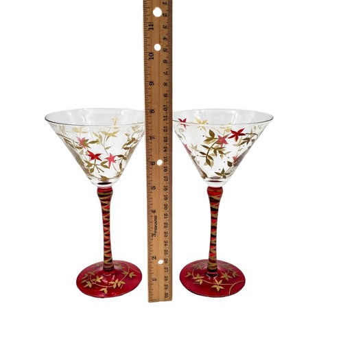 Vintage Pier One Imports Red Stem & Base Gold Leaf Martini Glasses Hand Blown - Picture 3 of 7