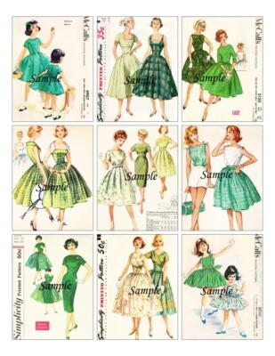 Vintage Sewing Pattern Theme 9 x Gift Tag Card Topper - Shades of Green - image 1 of 3