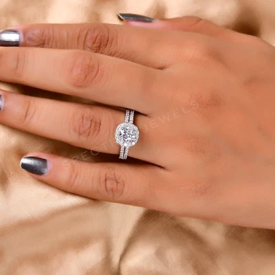 Kunstdiamanten Grown Cvd Diamant Halo Ehering Verlobungsring 14k Weiß Solid Gold - Bild 1 von 4