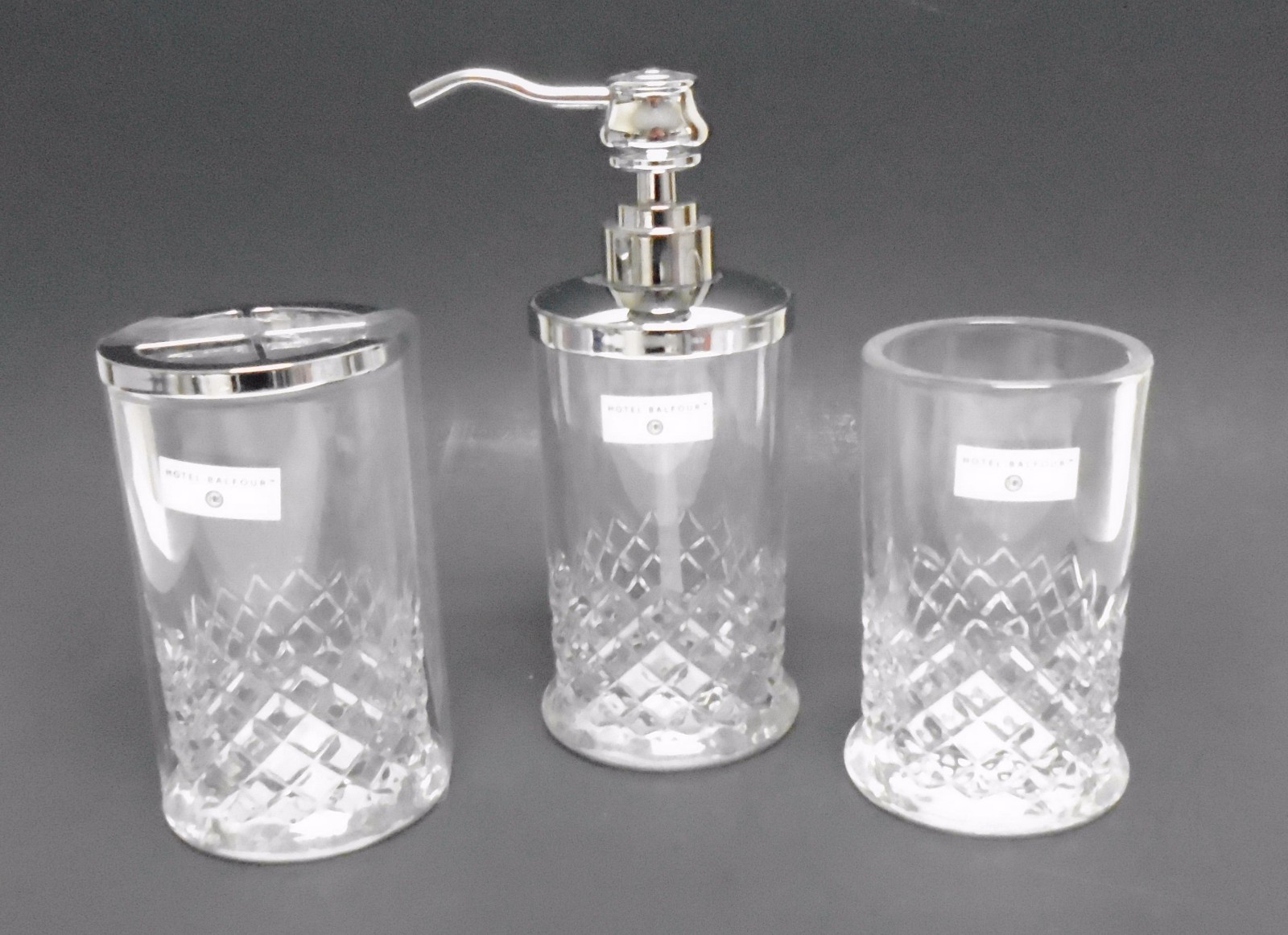 HOTEL BALFOUR 3 PC SET CLEAR CRYSTAL CHECKER GLASS SOAP DISPENSER