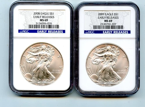 2008 & 2009 EARLY RELEASES NGC MS69 1 OZ. SILVER .999 SILVER EAGLE COINS!