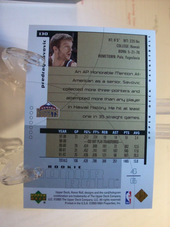 2002-03 Upper Deck Honor Roll  #130 Predrag Savovic RC, 1344/1999  (85908) - Image 2 of 2