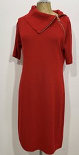 CALVIN KLEIN Red Knit Sweater Dress Gold Zipper Short Sleeve Size Medium