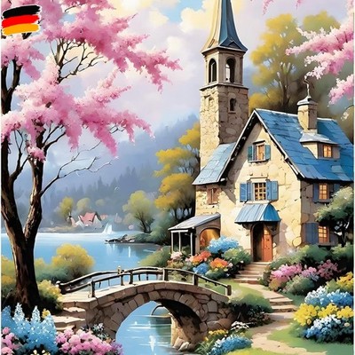QINRUBB DIY Hütte Diamant Painting Bilder Anfänger, 5D Brücke Fluss Diamond Pa