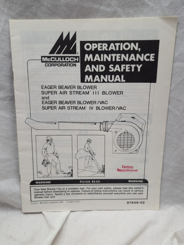 1988 McCulloch Eager Beaver Super Air Stream Gas Blower operation, maintenance