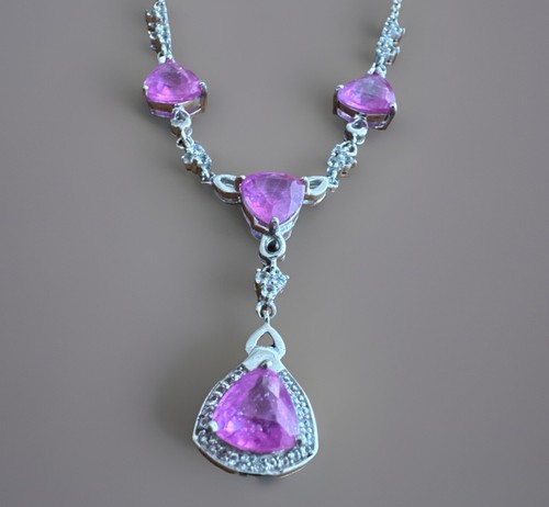 STUNNING Sterling Silver Pink Tourmaline & Zircon Chain Gemstone Necklace 16-18” - Picture 2 of 8