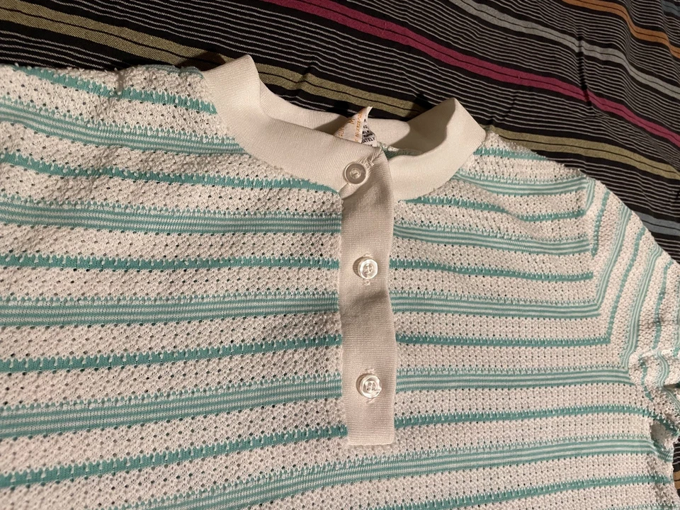 Camisa De Colección Años 70 CATALINA SPORTSWEAR Mujer Mediana Azul Blanco Rayas Henley Foto 2 de 4