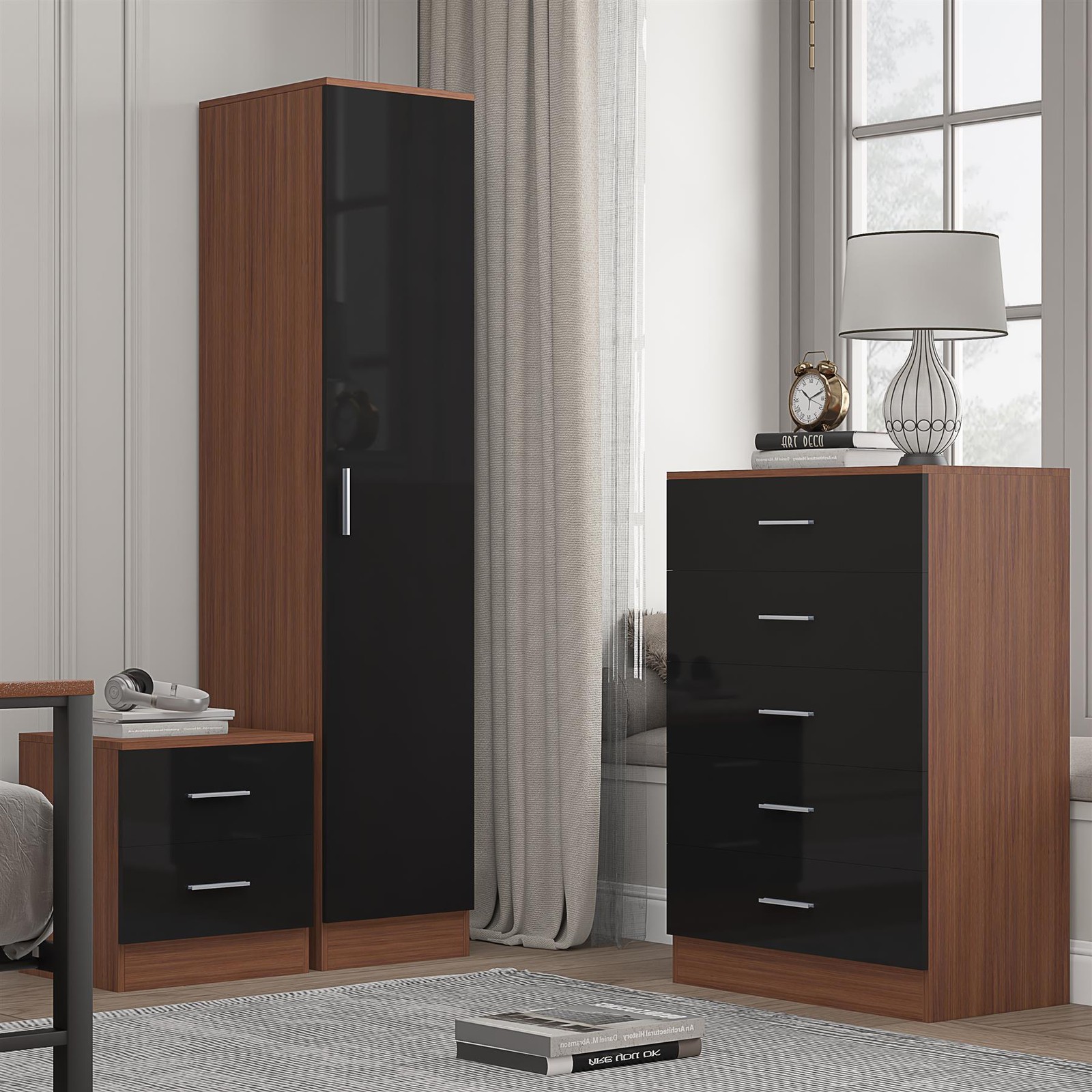 B&Q - 1 Door Plain Wardrobe5 Drawer Chest2 Drawer BedsideBlack Gloss & WalnutBedroom Furniture Set - Image 2