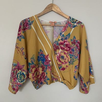 Women's Flying Tomato Blouse Floral Wrap Style Yellow Blue Pink Cropped Small