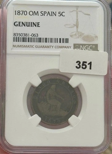 NGC Spain 5 Centimos 1870-OM Provisional Government Bronze #8350381-063