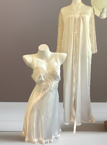 Vintage Ivory Beaded Satin Lace Nightgown Sheer Lace Robe Bridal Set **No Belt S - Picture 2 of 21