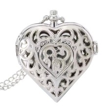 Women Retro Hollow Heart Shape Quartz Pocket Watch Necklace Chain