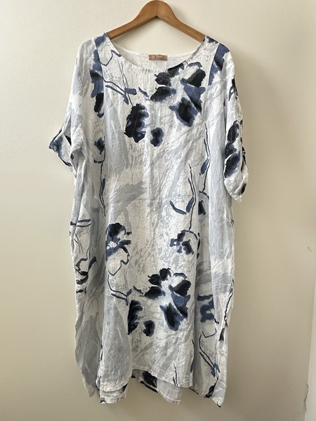 La Strada Linen Shift Dress White/Blue Floral Size L Round Neck Short Sleeve