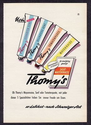 3w7544/ Alte Reklame von 1960   THOMY´s Delikatessen   nach Schweizer Art.