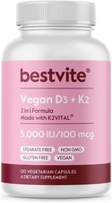 BESTVITE Vegan Vitamin D3 5000 IU  K2 100 mcg 120 Count Pack of 1 