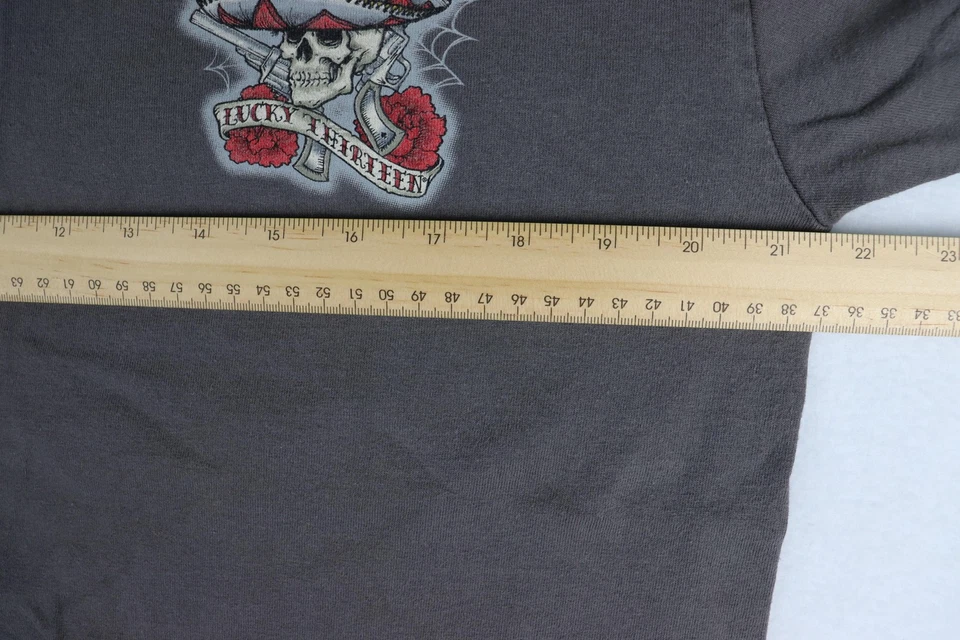 Lucky 13 衬衫男式大号棕色骷髅枪玫瑰纹身图案美国制造棉 — 第 4/4 张图片