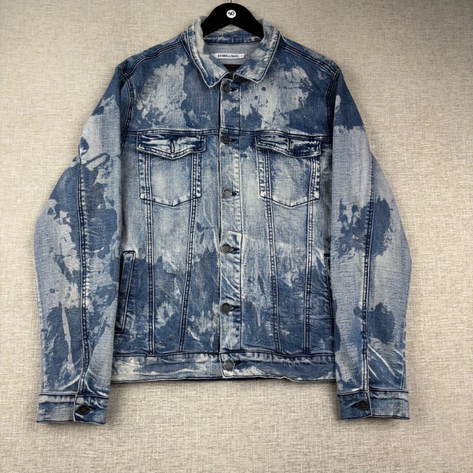Embellish Mens Grungy Blue Acid Wash Bleach Splatter Denim Trucker Jacket XL image 1