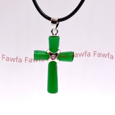 Natural AA Green Jade Cross Lucky Pendant Black Leather Rope Women/Mens Necklace