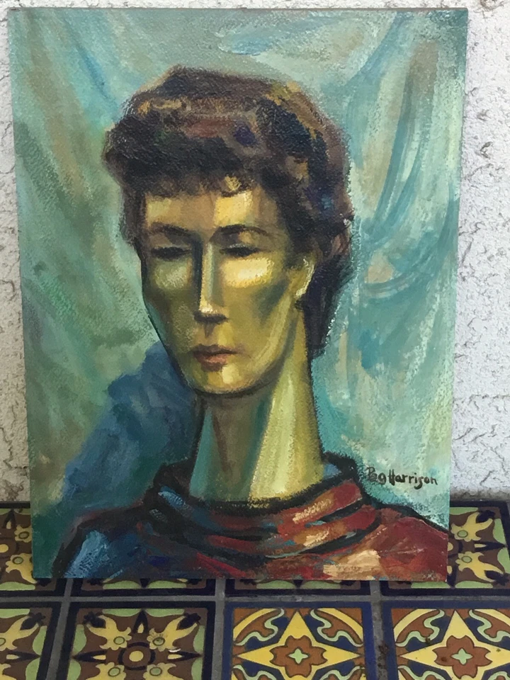 Retrato al óleo Harrison vintage MCM abstracto expresionista años 50 era Beat Foto 4 de 4