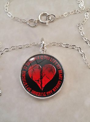 Sterling Silver 925 Pendant Necklace Broken Heart Stiched Together Emo Love Goth