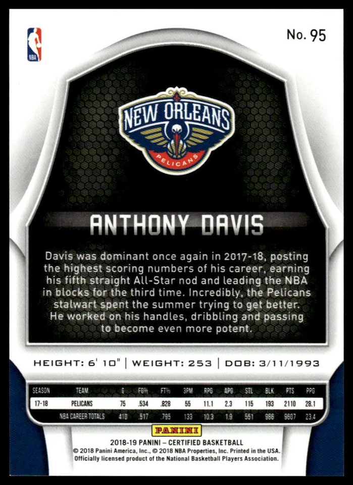 2018-19 Panini Certified #95 Anthony Davis Blue #/199 - Image 2 of 2