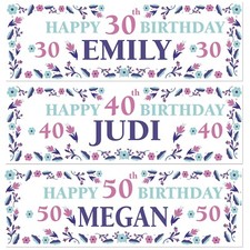 2 personalised happy birthday banner flowers adults children party poster