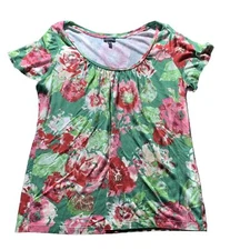 Talbots T Shirt Women sz LARGE Tee Short Sleeve Floral Green Pink Garden Resort