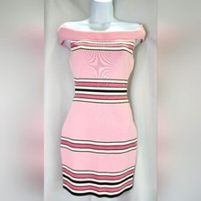 Super Down Womens Bodycon Dress Size M Pink Black Stripe Slinky Sexy Preppy