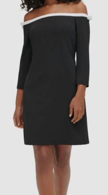 Karl Lagerfeld Paris Women's Black Bow-Trim A-Line Off-Shoulder Dress Size 12