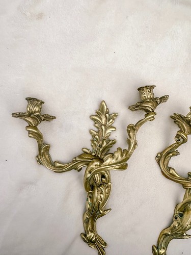 Vintage Pair Bronze Louis XV Style two arm wall candle sconces - Picture 10 of 14