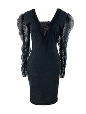 Nuance Vtg 80s Size 11 Sheer Sleeved Lace Up Beaded Fringe Goth Flapper Dress