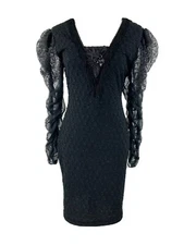 Nuance Vtg 80s Size 11 Sheer Sleeved Lace Up Beaded Fringe Goth Flapper Dress
