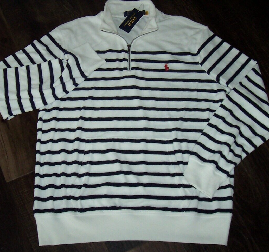 Polo Ralph Lauren BIANCA NAVY cotone spugna 1 2 zip spa felpa nuova con etichette L ROSSO PONY