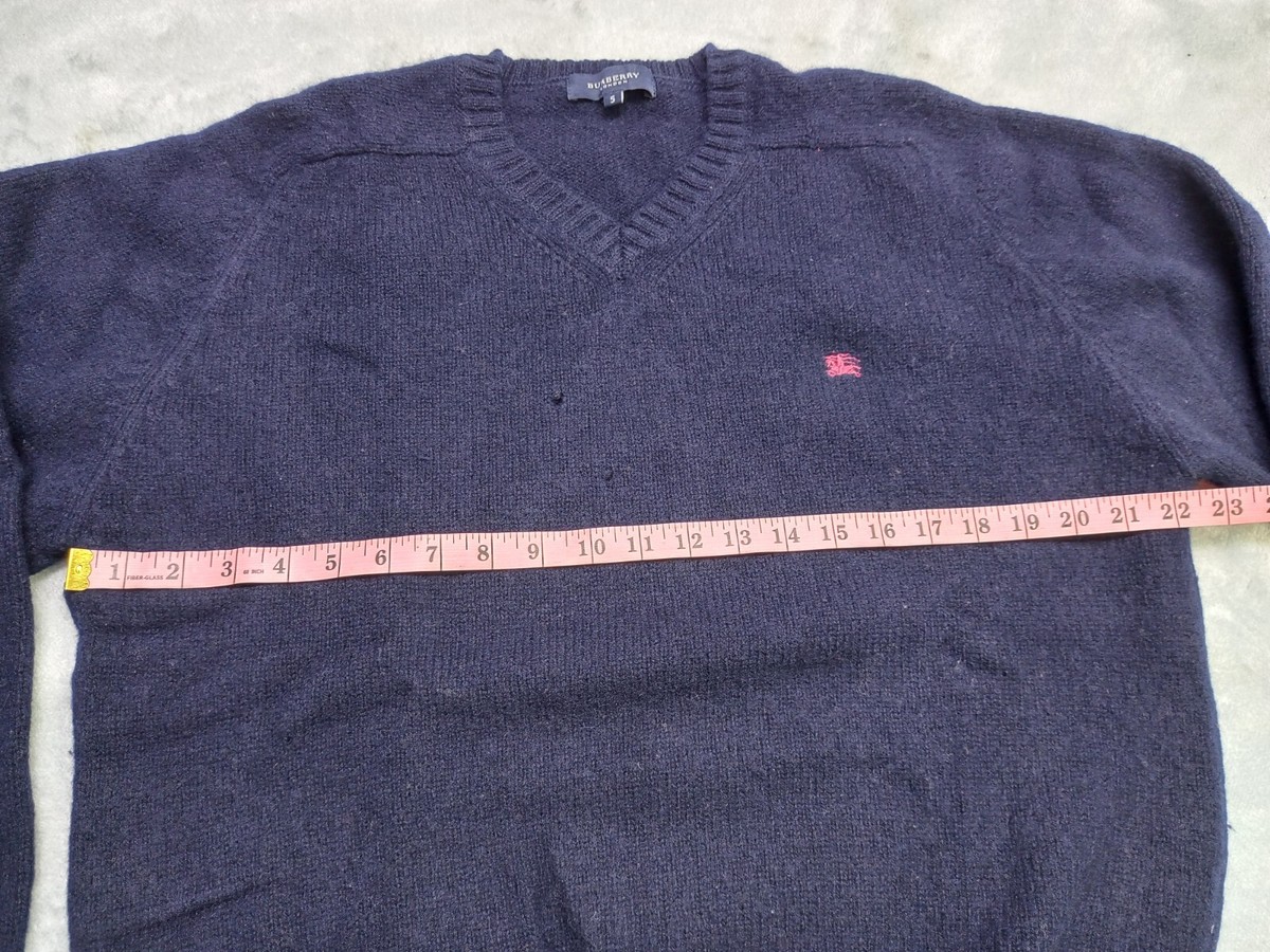 Burberry London 100% Wool V-Neck Pullover Sweater Men Blue Jumper