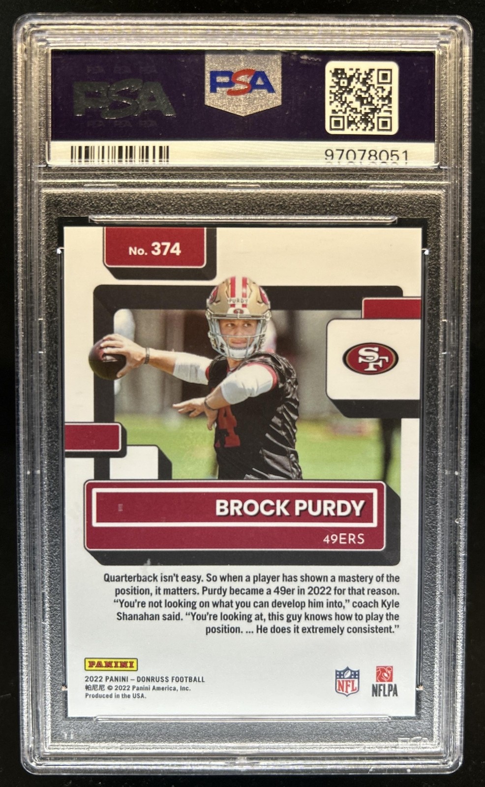 2022 Panini Donruss Brock Purdy Premium Press Proof RC Rated Rookie #374 PSA 10 view 2