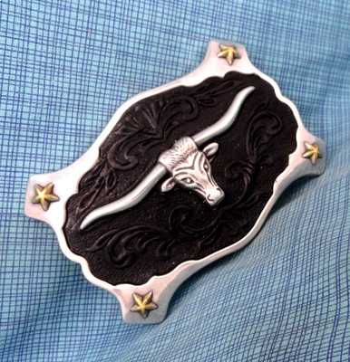 Western Steer Head Belt Buckle Leather Inlay Scroll Cowboy Cowgirl Vtg   .BLT177