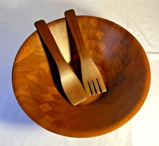 Vintage Solid Walnut 14" Salad Serving Bowl with Matching Utensils