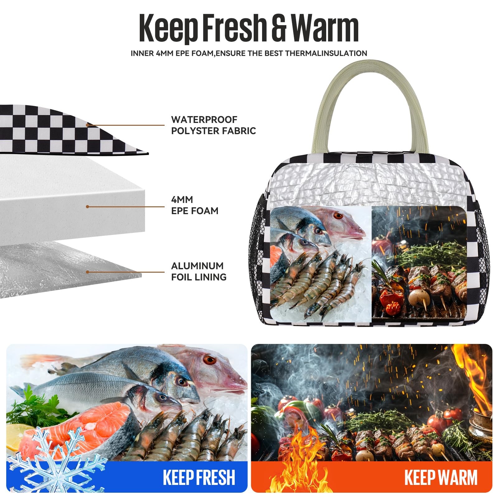 Lunch Bag Women/Men Lunch Box Women/Men Black+White Checkerboard