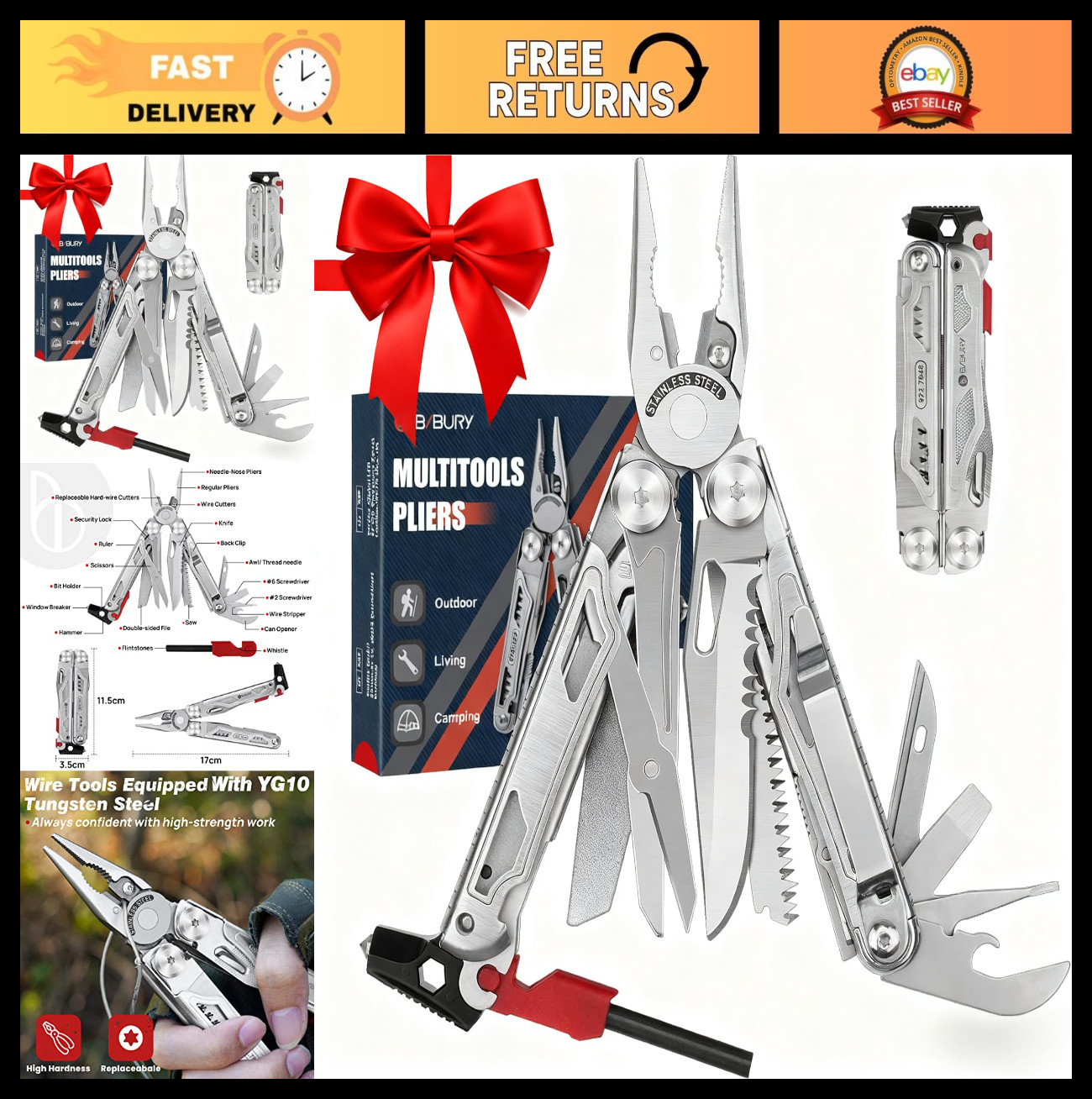 BIBURY 22-in-1 Stainless Steel Multitool Pliers with Flint and Window Breaker
