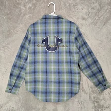 True Religion Womens Flannel Shirt Sz S Blue Green Plaid Long Sleeve Button Snap
