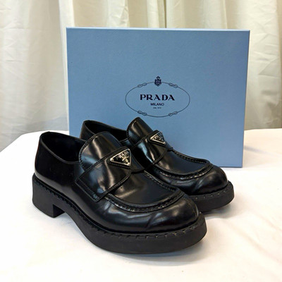 PRADA Women s Black Leather Logo Slip-On Loafers Round Toe EU 37.5 US 8