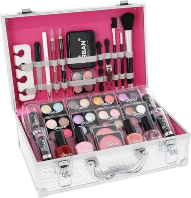 LOVE URBAN 64pc Vanity Case Beauty Essentials Kit Cosmetic Makeup Vegan Kit & Aluminium Box