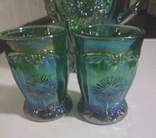  Mosser Glass ~Dahlia Green Carnival ~2 Tumblers~ 